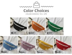 Collage of colorful canvas waist bags for girls in seven different bright colors