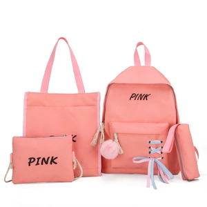 Ensemble sac à dos 4 pièces en toile rose avec texte PINK noir et porte-clés en peluche