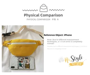 Yellow canvas kids waist bag size comparison with smartphone and zipper detail