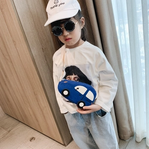 Blue car-shaped cartoon crossbody waist bag for kids featuring adjustable white straps