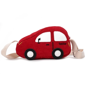 Cartoon red corduroy car-shaped kids waist bag with adjustable shoulder strap