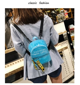 Détail du mini sac à dos en PVC bleu transparent avec texte Fashion Mini Girl et sangles jaunes