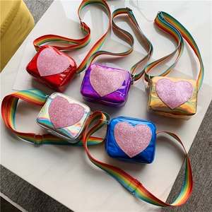 Kids Crossbody Bag Holographic PU Leather Pink Glitter Heart Rainbow Wide Strap Small Square Purse For Girls