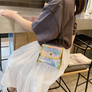 Sac bandoulière holographique laser pour enfants avec bords dorés et chaîne noire