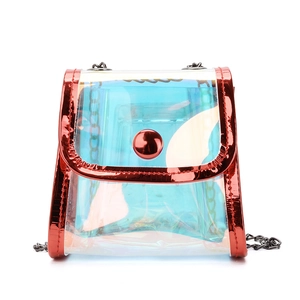 Mini sac bandoulière laser pour enfants en PVC transparent arc-en-ciel et bords rouge métal