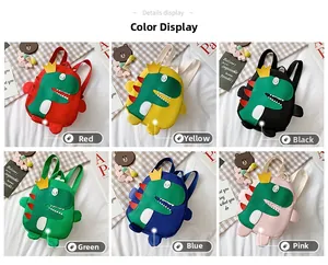 Détails des sacs à dos dinosaure en rouge, jaune, noir, vert, bleu et rose vif