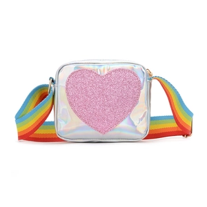 Kids laser patent leather mini bag with glitter heart and rainbow strap