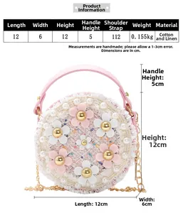 Tableau des tailles montrant les dimensions 12x12x6cm pour un mini sac rond fleuri