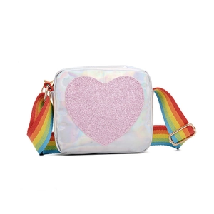 Holographic laser crossbody bag for girls with pink glitter heart and rainbow strap
