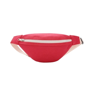 Red canvas crossbody chest bag for kids with white zipper and adjustable strap