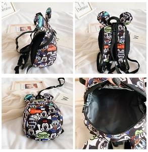 Detail views of Disney cartoon toddler backpack with safety leash and mickey ears design