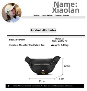Detailed view of kids Mickey print chest bag with 22x12x5cm dimensions and PU leather