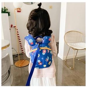Blue kids anti-lost backpack with cartoon prints and safety leash for toddlers