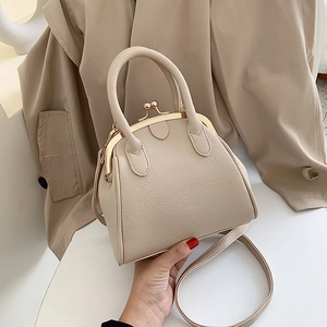 Vintage Women Doctor Handbag Litchi Pattern PU Leather Kiss Lock Crossbody Bag Retro Top Handle Bag