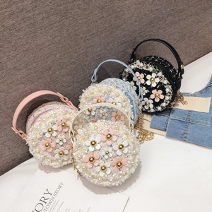 Mini Sac À Bandoulière Rond Pour Enfants Doux Tweed Fleur 3D Künstliche Perle Décor Chaîne En Métal Sac À Main Pour Petites Filles