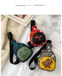 Three dinosaur pattern waist bags for kids in red, navy, and grey camo canvas
