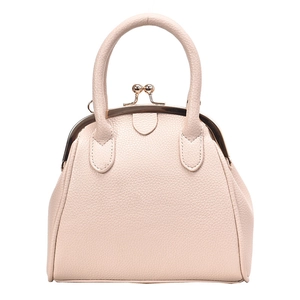 Classic pale pink pebble leather doctor style shell handbag with metal frame closure