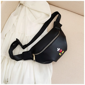 Detail of Mickey Mouse print on black kids chest bag with gold metal zipper and strap
