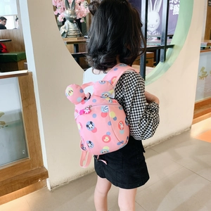 Pink cartoon toddler backpack with Mickey print and safety leash for preschool girls