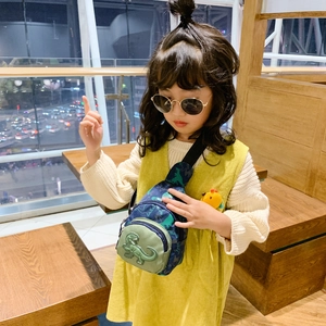 Kids navy dinosaur chest bag with green embroidery and adjustable black strap