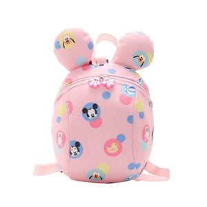 Pink toddler backpack with mouse ears and colorful polka dots featuring cartoon characters