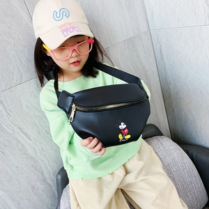 Kids black leather belt bag with Mickey Mouse print and adjustable strap for girls