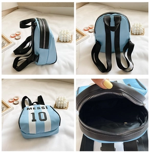 Detail view of mini soccer backpack with Argentina blue stripes and Messi 10 printing