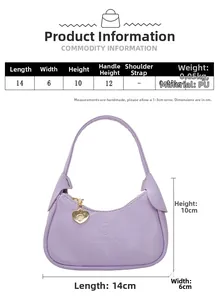 Tableau des tailles indiquant 14x6x10cm pour ce mini sac baguette en cuir PU violet