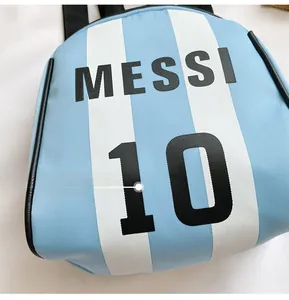 Detail of kids soccer backpack showing Messi 10 print on blue and white nylon fabric