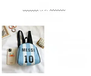 Detail view of soccer-style kids backpack with Messi 10 print and phone size reference