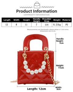Detaillierte Größentabelle für rote Kinder-Mini-Tasche aus Lackleder mit Perlen griff