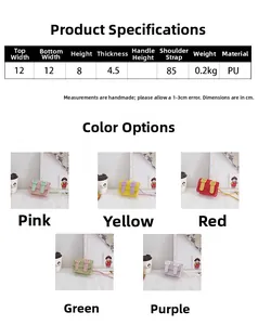 Children's mini PU crossbody bag size chart and five vibrant color options detail