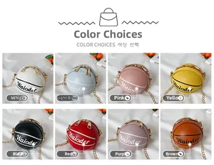 Detailed view showing eight vibrant color options for the stylish mini basketball chain bag