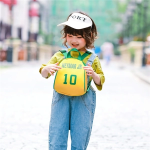 Kids yellow canvas sport backpack with Neymar Jr 10 print and green straps for summer