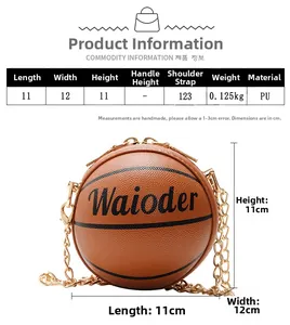 Size chart for mini basketball purse with 11x12x11cm dimensions and 123cm chain strap