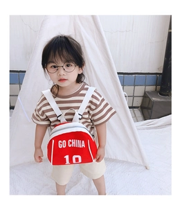 Detail of red toddler backpack with white Go China 10 print and adjustable straps