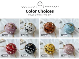Detail showing eight colors of basketball-shaped mini crossbody bags with PU leather texture