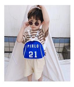 Detail of blue toddler backpack featuring Pirlo 21 logo and adjustable white straps