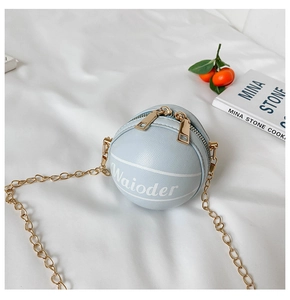 Detail of light blue mini basketball crossbody bag with gold chain and lychee texture