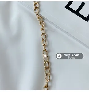Close-up of high-quality gold metal chain strap on a stylish basketball shaped handbag