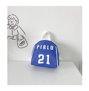Detail of blue mini backpack with Pirlo 21 print and white zipper for toddlers