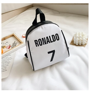 Detail of white mini nylon backpack featuring Ronaldo 7 print and black trim details