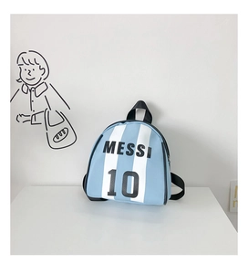 Detail showing the Messi 10 logo and blue stripes on the mini kids football backpack