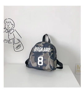 Close-up of camouflage kids backpack with Bergkamp 8 print and durable black zipper