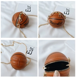 Detail view of mini basketball shaped crossbody bag with grainy faux leather texture