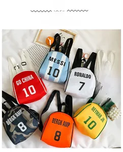 Detail view of mini nylon kids' backpacks with soccer star prints and vibrant colors