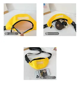 Détails du sac ceinture jaune pour enfants montrant la capacité et la sangle réglable