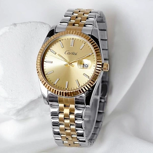 Classic men's two-tone luxury steel watch with champagne dial and calendar window
