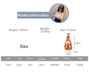 Size chart showing kids orange canvas chest bag with bear motif and dimensions