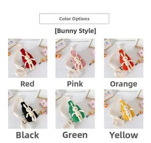 Detail of colorful canvas kids chest bags featuring cute 3D plush rabbit ornaments